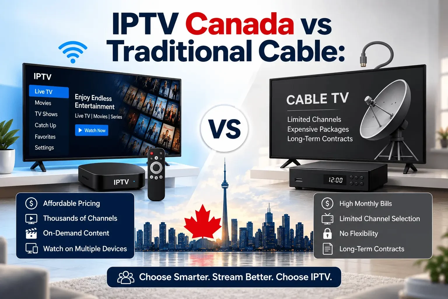 Illustration comparing IPTV Canada with traditional cable