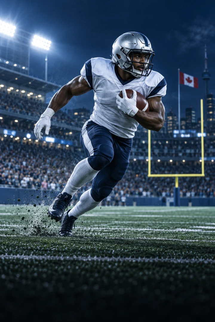 AI-generated Canadian football player carrying a ball