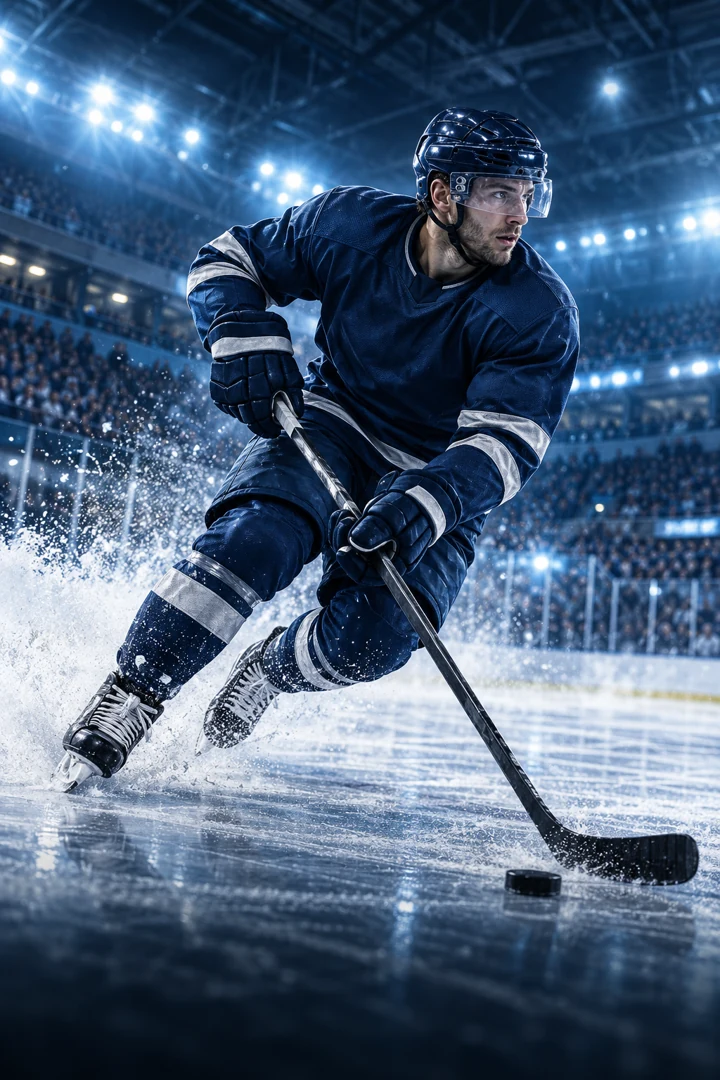 AI-generated hockey player skating with a puck