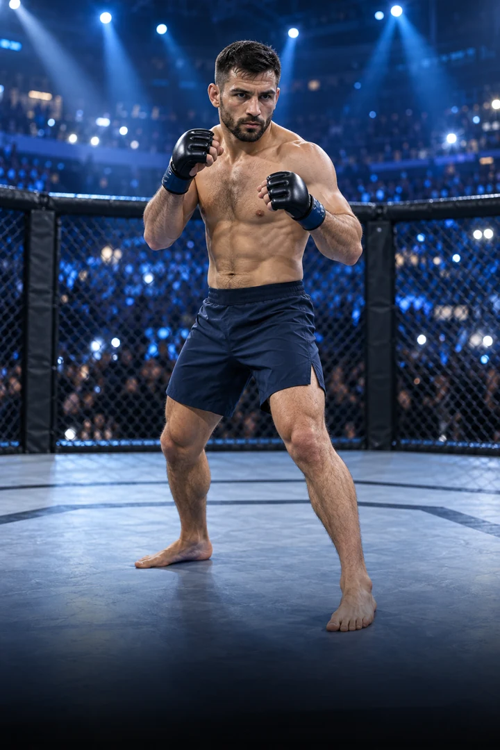 AI-generated mixed martial arts athlete in an arena