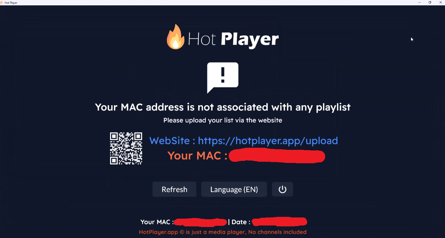 Hot Player setup screen showing MAC Address for playlist upload