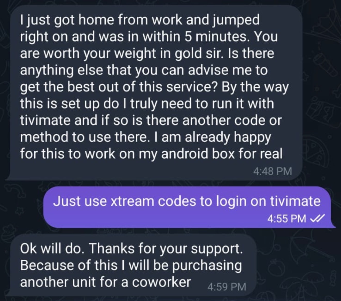 Xtreme HD IPTV customer feedback screenshot
