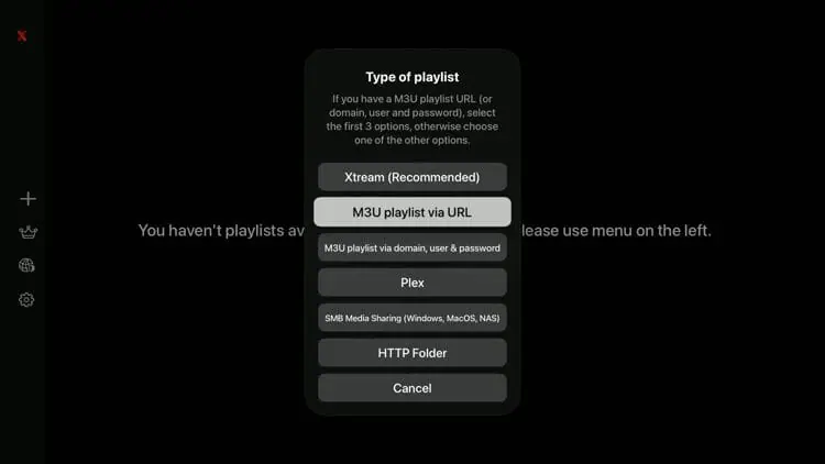 IPTVX login options showing Xtream portal and M3U playlist options