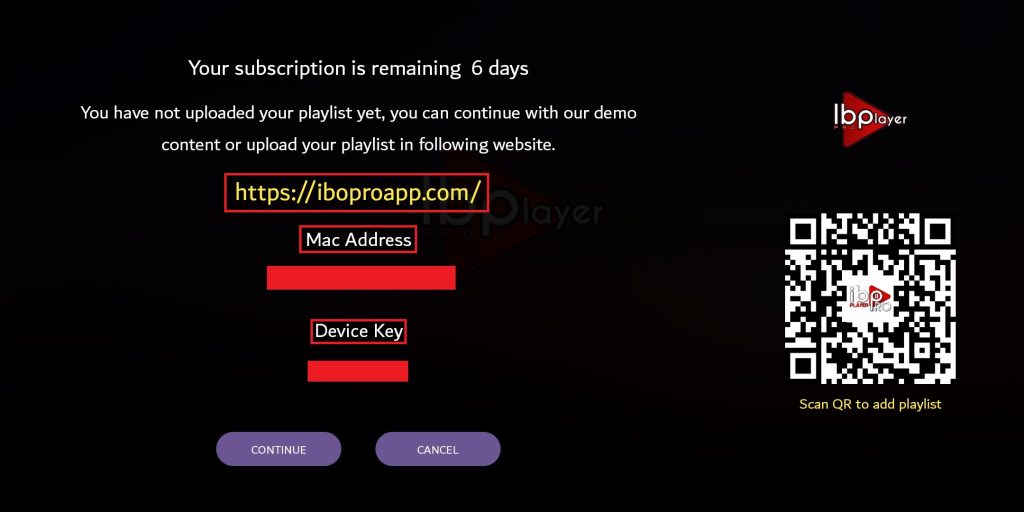 IBO Player Pro setup screen showing MAC Address and Device Key