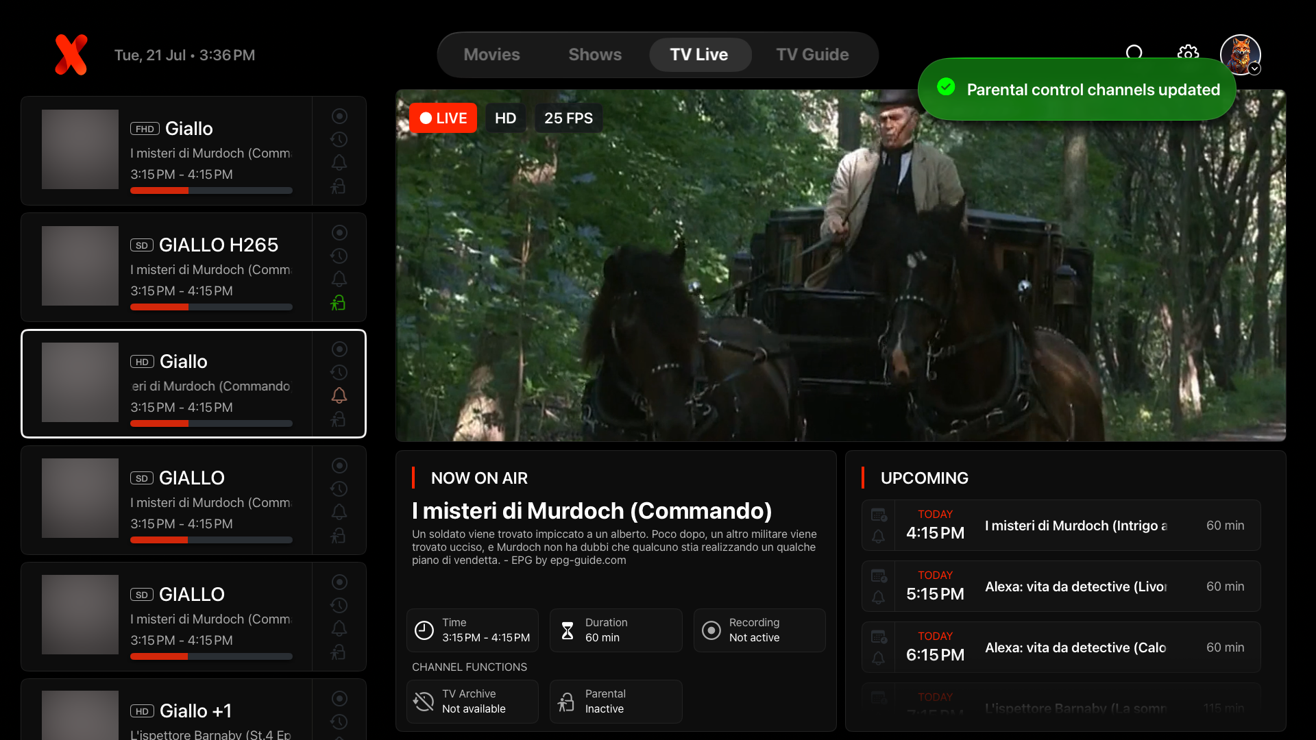 IPTVX live TV player interface on Apple TV