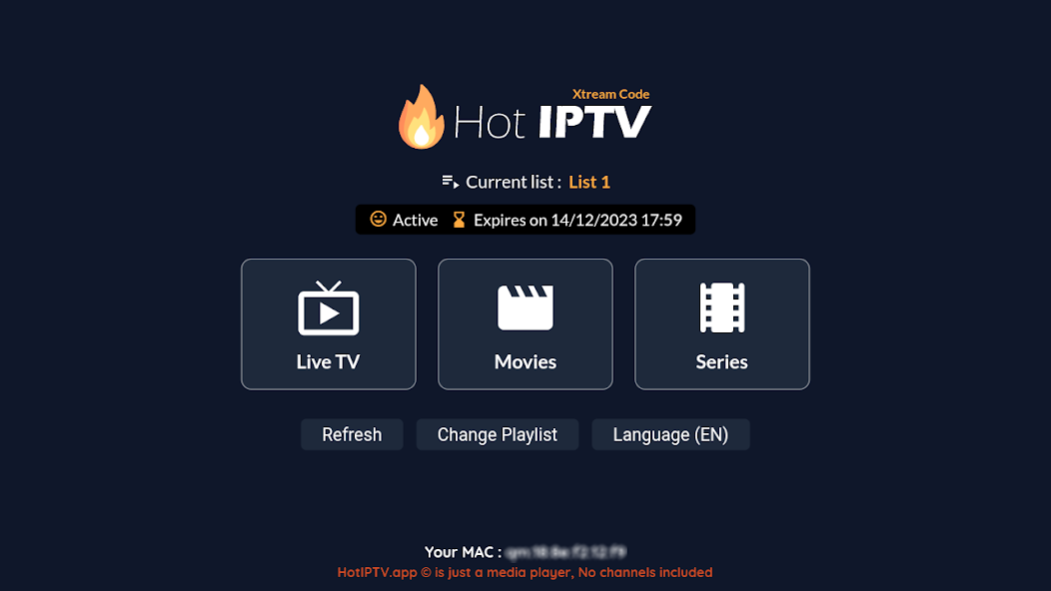 Hot Player IPTV app home screen