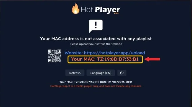 Hot IPTV app login and welcome screen.
