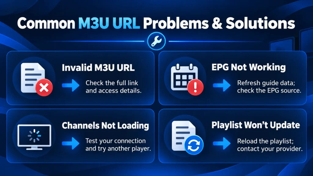 Common M3U URL problems and fixes for invalid links, EPG errors, channels not loading, and playlist updates