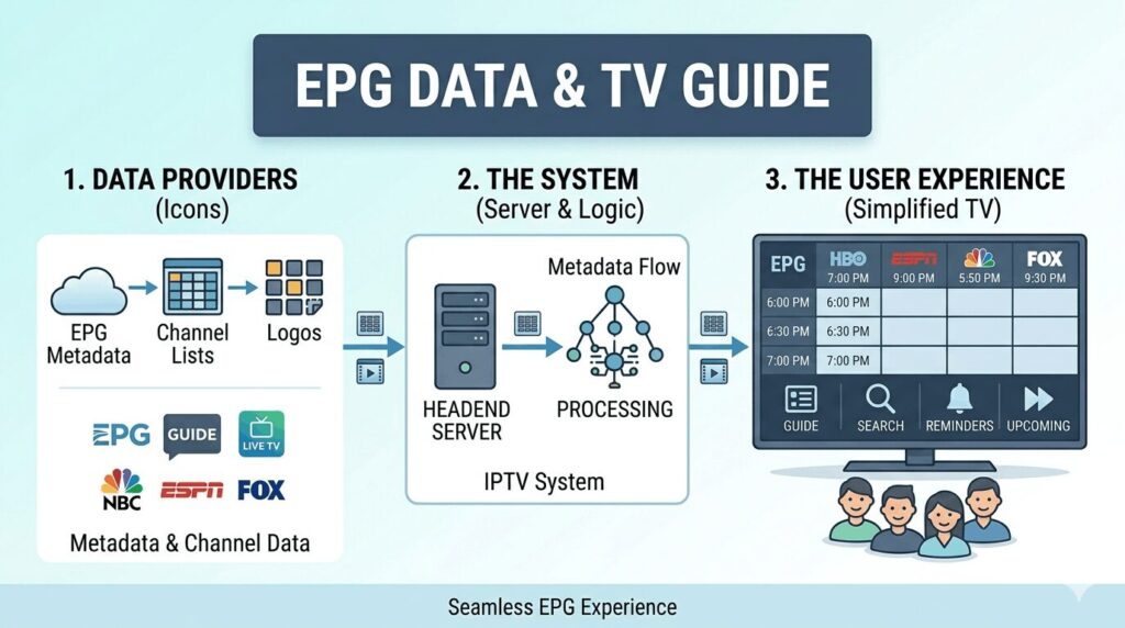 IPTV Electronic Program Guide (EPG) displayed on a television screen showing channel schedules, current programs, upcoming shows, and IPTV guide information.
