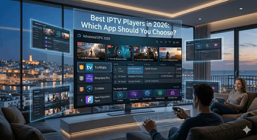 Best IPTV players in 2026 comparison featuring TiviMate, IPTV Smarters Pro, IBO Player, Hot IPTV, Sparkle TV, OTT Navigator, XCIPTV, and MyTVOnline on Smart TV and streaming devices