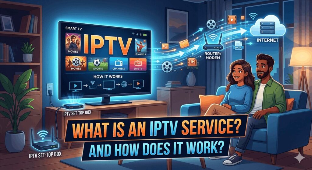 Infographic explaining what an IPTV service is and how it works, showing IPTV servers, internet streaming, live TV channels, VOD content, and multi-device compatibility.