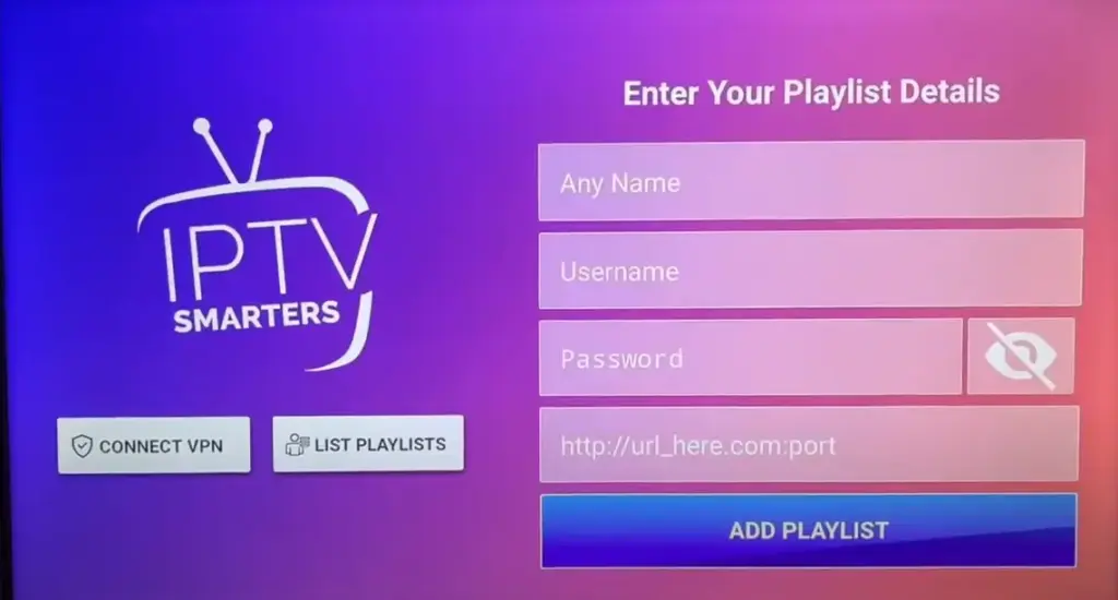 IPTV Smarters pro app login screen