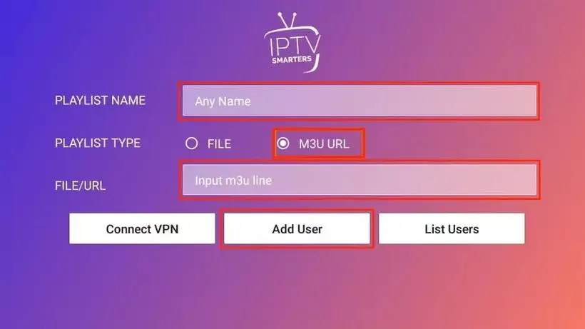 Entering an Xtreme HD IPTV M3U URL in the Smarters Player playlist setup screen