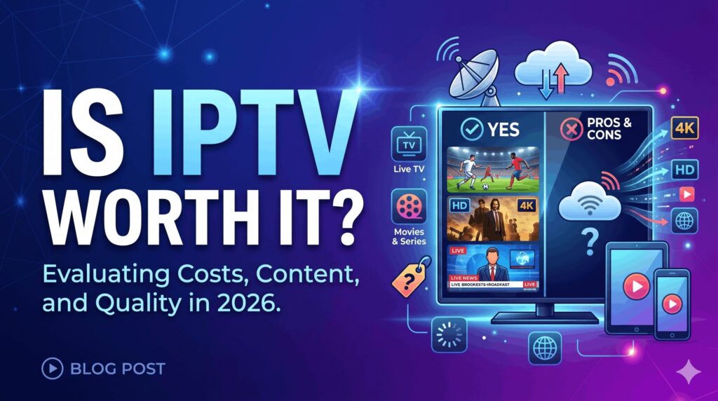 A smart TV dashboard showing a split screen with a green "YES" checkmark side displaying live sports, movies, and news, and a "PROS & CONS" side with a question mark cloud. A smartphone and tablet are nearby against a purple circuit-board background with a small "BLOG POST" text icon in the bottom left corner.