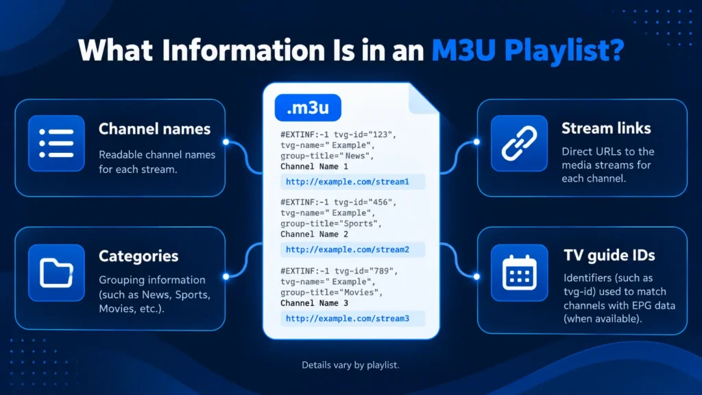 M3U playlist diagram showing channel names, stream links, categories, and TV guide IDs