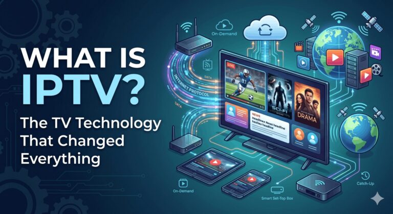 Illustration infographic banner with main text: "WHAT IS IPTV? The TV Technology That Changed Everything". A central smart TV, tablet, smartphone, and set-top box display diverse streaming content (soccer, sci-fi and drama movies, news) connected via glowing Internet Protocol data streams to a global network of servers, satellites, and a cloud, highlighting "On-Demand" and "Catch-Up" features.