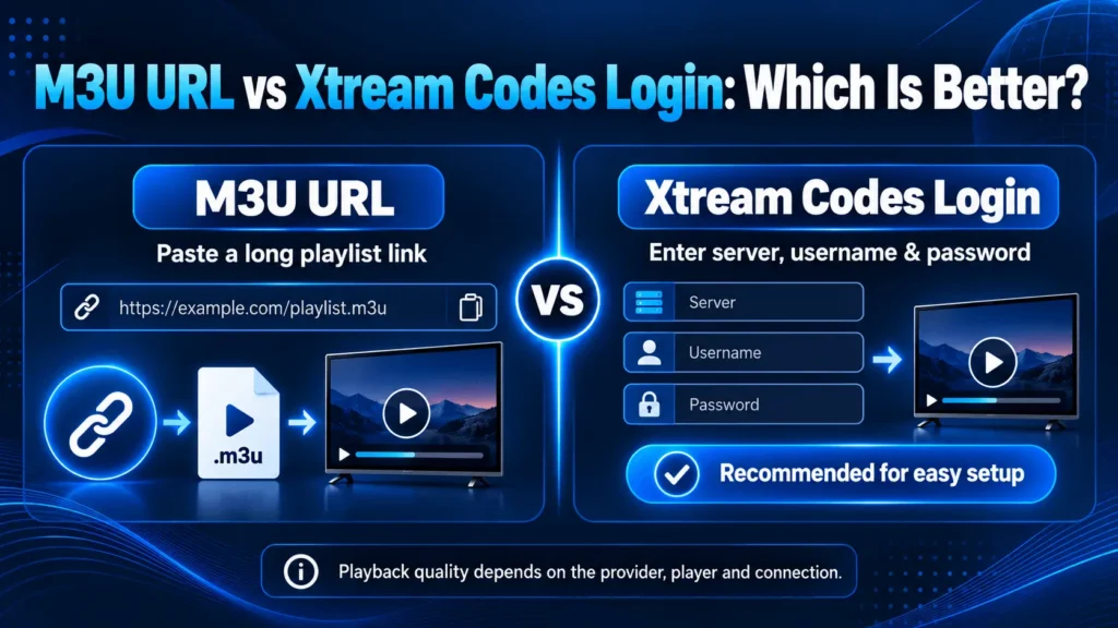 M3U URL and Xtream Codes Login comparison showing a playlist link versus server, username, and password fields