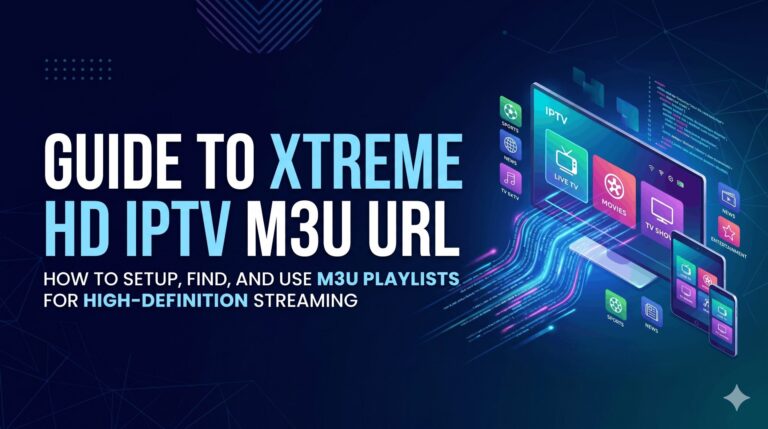 An infographic blog banner with text on the left reading "GUIDE TO XTREME HD IPTV M3U URL: HOW TO SETUP, FIND, AND USE M3U PLAYLISTS FOR HIGH-DEFINITION STREAMING." On the right, a computer monitor, tablet, and smartphone display a colorful grid of IPTV category icons (Sports, Movies, News, Entertainment) connected by glowing digital data streams on a dark tech background.