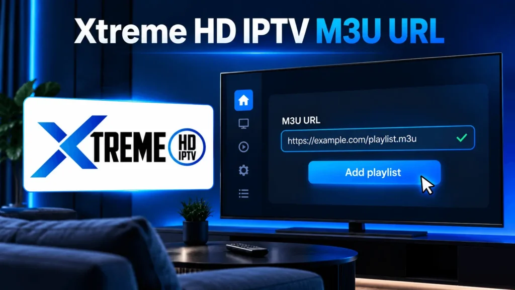Xtreme HD IPTV logo beside an M3U URL entered in a media player