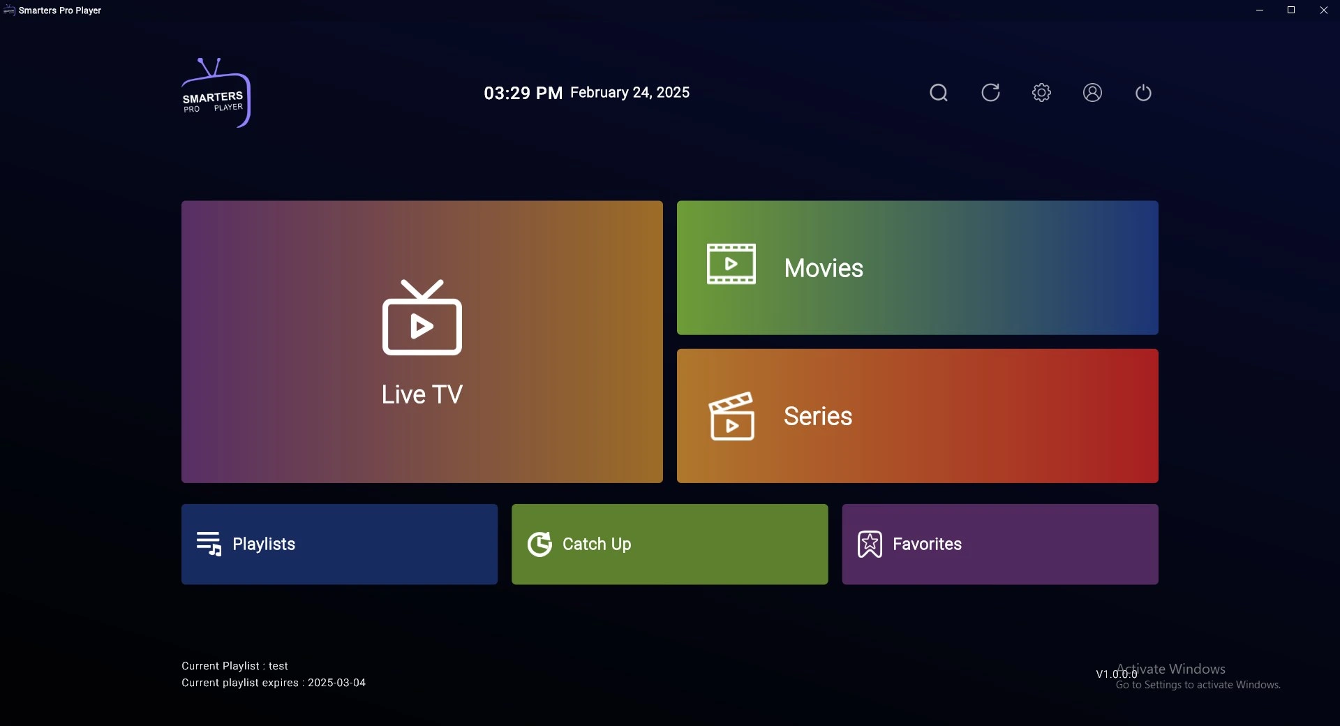 Smarters Pro IPTV app home screen on Windows