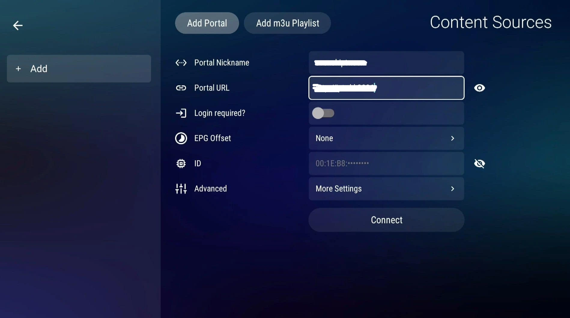 MyTVOnline connection setup screen on Formuler