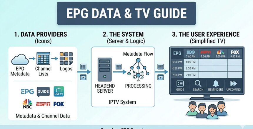 IPTV Electronic Program Guide (EPG) displayed on a television screen showing channel schedules, current programs, upcoming shows, and IPTV guide information.