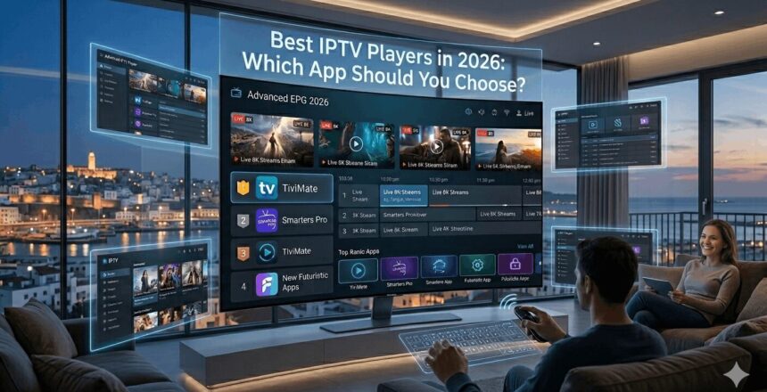 Best IPTV players in 2026 comparison featuring TiviMate, IPTV Smarters Pro, IBO Player, Hot IPTV, Sparkle TV, OTT Navigator, XCIPTV, and MyTVOnline on Smart TV and streaming devices