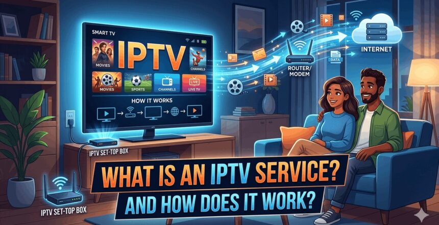 Infographic explaining what an IPTV service is and how it works, showing IPTV servers, internet streaming, live TV channels, VOD content, and multi-device compatibility.