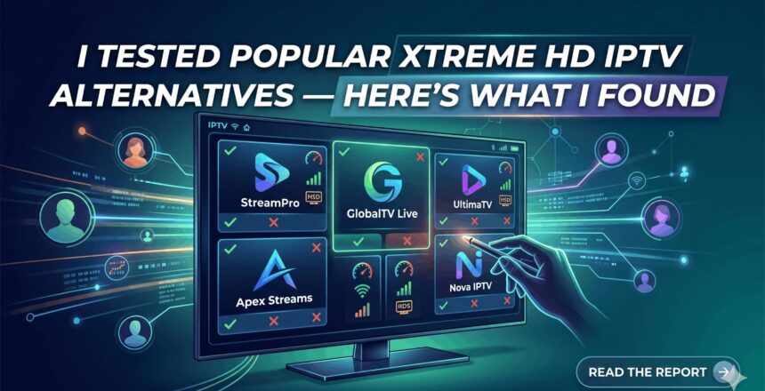 A large television screen displaying a comparison dashboard of various IPTV service providers with checkboxes, speed gauges, and service icons. The top banner features text reading "I Tested Popular Xtreme HD IPTV Alternatives — Here’s What I Found" against a tech-centric dark green digital background.