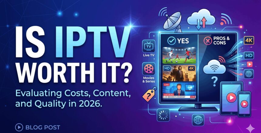 A smart TV dashboard showing a split screen with a green "YES" checkmark side displaying live sports, movies, and news, and a "PROS & CONS" side with a question mark cloud. A smartphone and tablet are nearby against a purple circuit-board background with a small "BLOG POST" text icon in the bottom left corner.