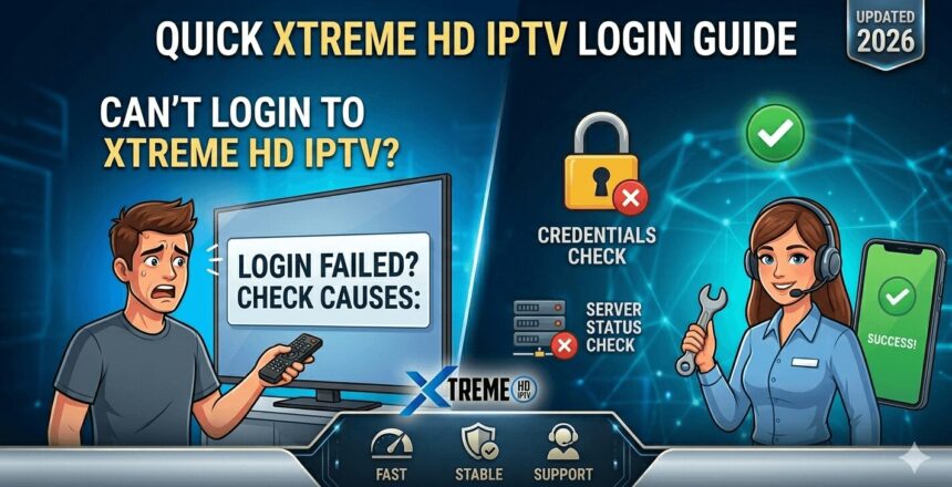 An image showing a male user facing a 'LOGIN FAILED' screen on a TV, and a female support agent with a 'SUCCESS' screen and wrench. Bullet points and icons troubleshoot Xtreme HD IPTV: Credentials Check (locked pad) and Server Status Check (red X server stack). Header text reads: 'QUICK XTREME HD IPTV LOGIN GUIDE', with a 2026 'UPDATED' badge. A support bar at the bottom includes Fast, Stable, Support icons.