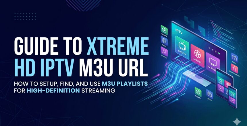 An infographic blog banner with text on the left reading "GUIDE TO XTREME HD IPTV M3U URL: HOW TO SETUP, FIND, AND USE M3U PLAYLISTS FOR HIGH-DEFINITION STREAMING." On the right, a computer monitor, tablet, and smartphone display a colorful grid of IPTV category icons (Sports, Movies, News, Entertainment) connected by glowing digital data streams on a dark tech background.